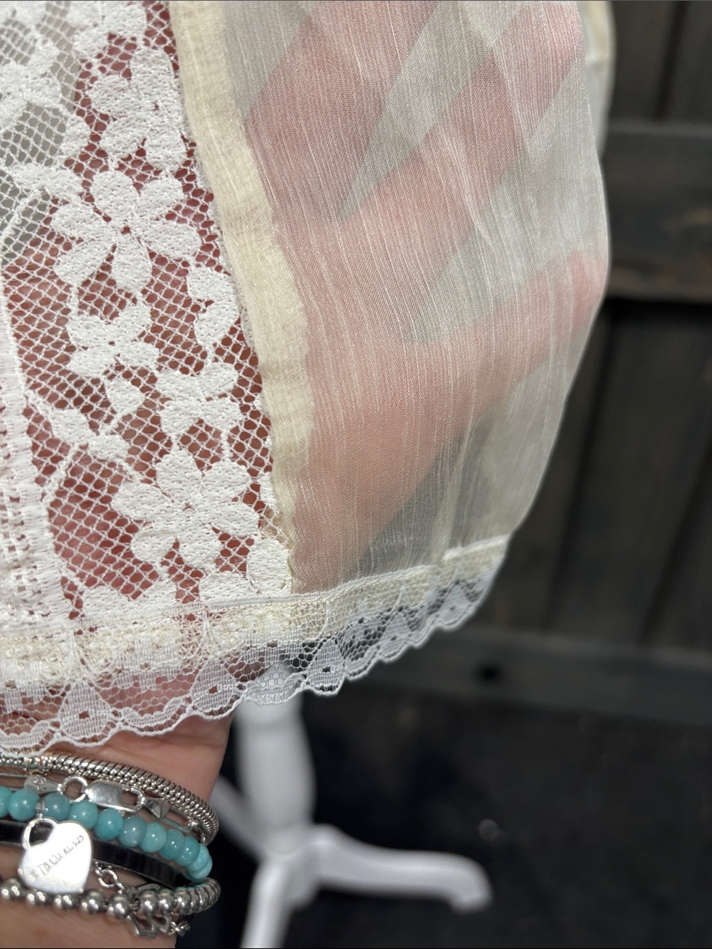 Sheer Delicate Ivory Lace-Trim Flutter Sleeve Top - Picture 3 of 3